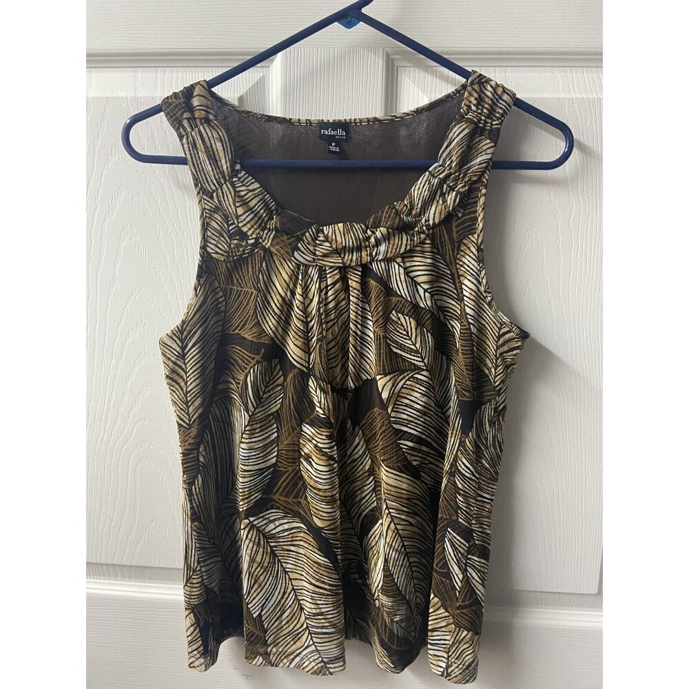 Rafaella Tank Top Womens Petite Small Brown Tan Semi Sheer Lined Top Pleated